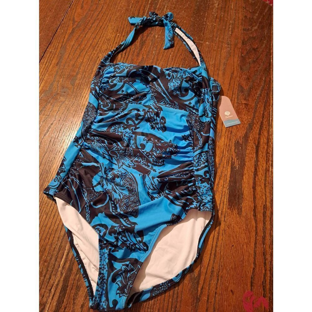 New Large Smismivo Blue Black Ruched Tummy Control Swimsuit Bathing Suit NWT